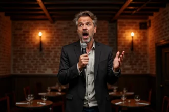 Comique français homme en représentation sur scène dans un club de comédie parisien, micro en main, expression absurde et engagée