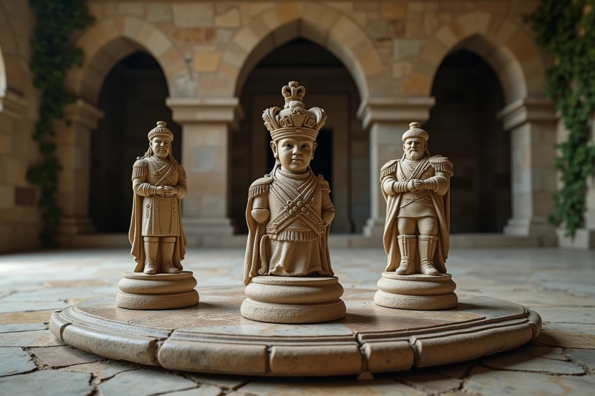 Trois pièces d'échecs en pierre sculptée symbolisant la hiérarchie de puissance entre Saint Garling Figarland, Imu et Akainu dans un cadre épique
