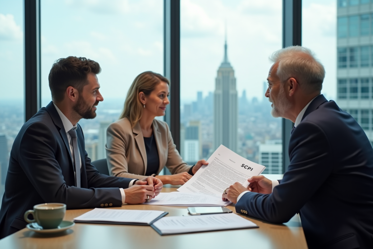 Conseiller financier expliquant un document à un couple dans un bureau lumineux