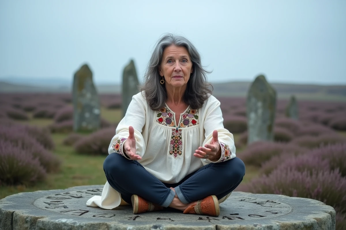 Femme bretonne en costume traditionnel contant la légende des korrigans assise sur un dolmen en lande bretonne