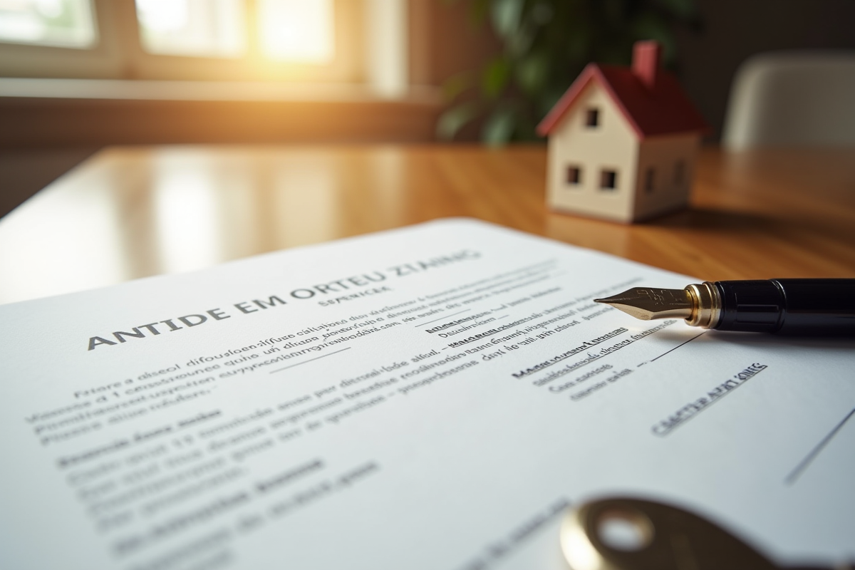 Contrat immobilier avec clé de maison sur un bureau en lumière naturelle