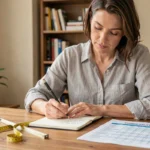 Femme convertissant des centimètres en pouces avec un tableau de conversion et un mètre ruban sur un bureau en bois