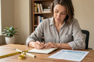 Femme convertissant des centimètres en pouces avec un tableau de conversion et un mètre ruban sur un bureau en bois