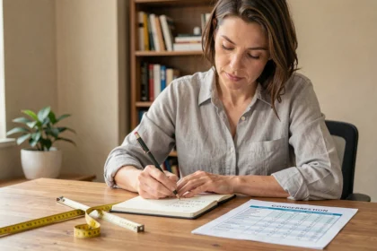 Femme convertissant des centimètres en pouces avec un tableau de conversion et un mètre ruban sur un bureau en bois
