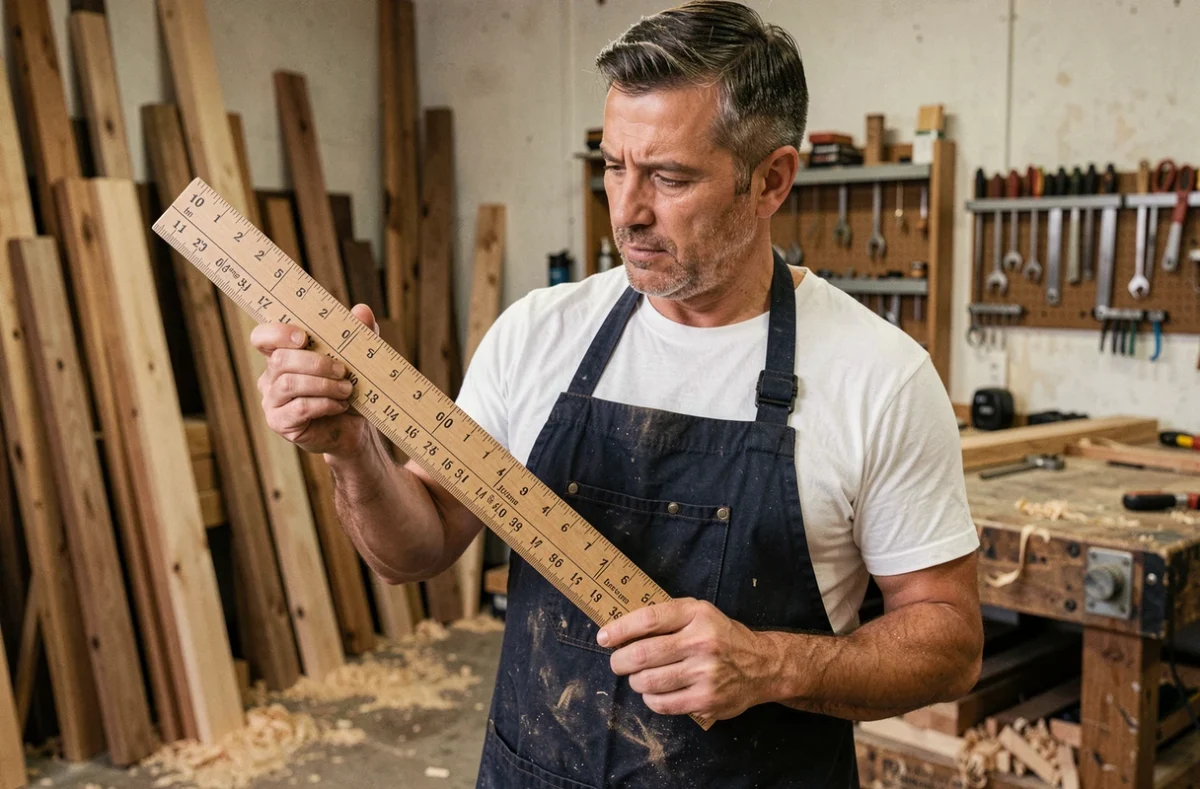 Artisan menuisier comparant des mesures en centimètres et en pouces sur une règle graduée dans un atelier