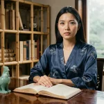 Femme asiatique trentenaire méditative devant une statuette de coq en jade et un journal manuscrit, symbolisant le signe chinois du Coq d'Eau 1993 et ses défis karmiques en 2026