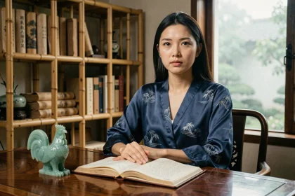 Femme asiatique trentenaire méditative devant une statuette de coq en jade et un journal manuscrit, symbolisant le signe chinois du Coq d'Eau 1993 et ses défis karmiques en 2026
