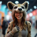 Cosplayeuse portant un costume détaillé d'Ed la hyène du Roi Lion lors d'une convention de cosplay