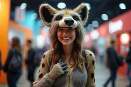 Cosplayeuse portant un costume détaillé d'Ed la hyène du Roi Lion lors d'une convention de cosplay