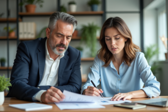Couple d'affaires en réunion dans un bureau moderne