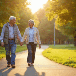 Vieux couple main dans la main dans un parc ensoleille
