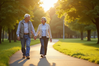 Vieux couple main dans la main dans un parc ensoleille
