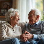 Couple de seniors souriants assis sur un canapé cosy