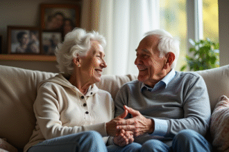 Couple de seniors souriants assis sur un canapé cosy