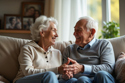 Couple de seniors souriants assis sur un canapé cosy