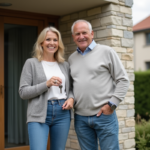 Couple français souriant devant une maison moderne T5
