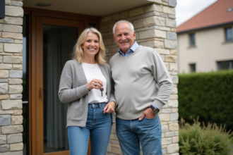 Couple français souriant devant une maison moderne T5