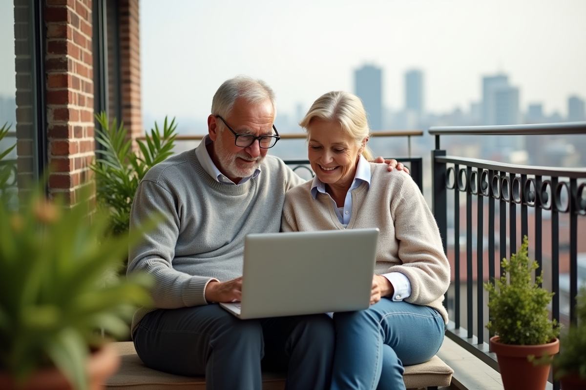 Couple de retraités regarde un ordinateur sur leur balcon
