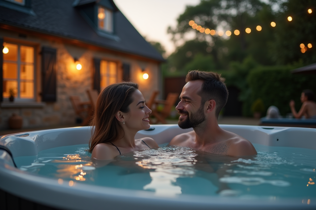 Couple relaxant dans un jacuzzi romantique en Normandie