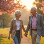Couple senior souriant marchant dans un parc en fleurs