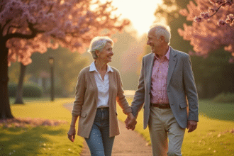 Couple senior souriant marchant dans un parc en fleurs