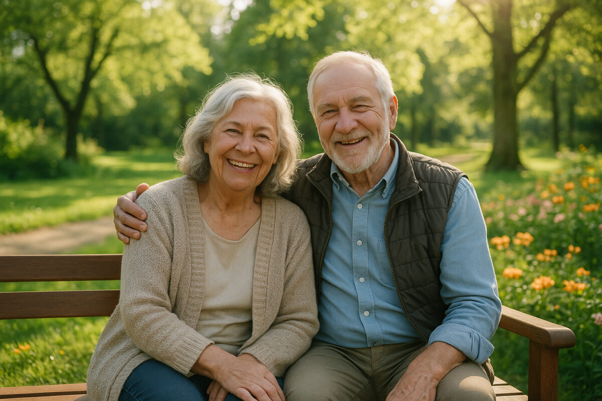 Couple senior souriant dans un parc à Guipavas