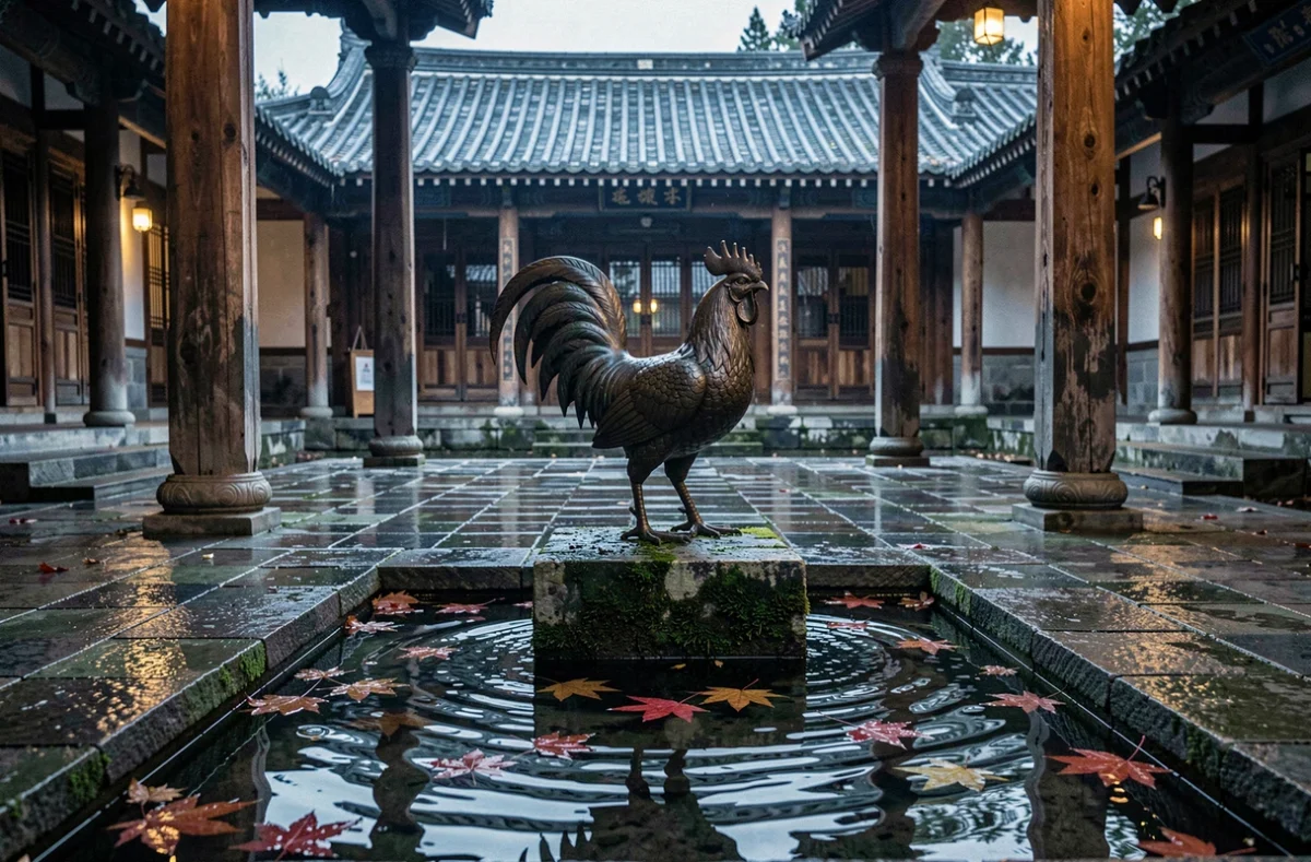 Cour traditionnelle chinoise avec sculpture de coq en bronze sur un piédestal moussu entouré d'eau, évoquant l'année du Coq d'Eau 1993 et la symbolique astrologique chinoise en 2026
