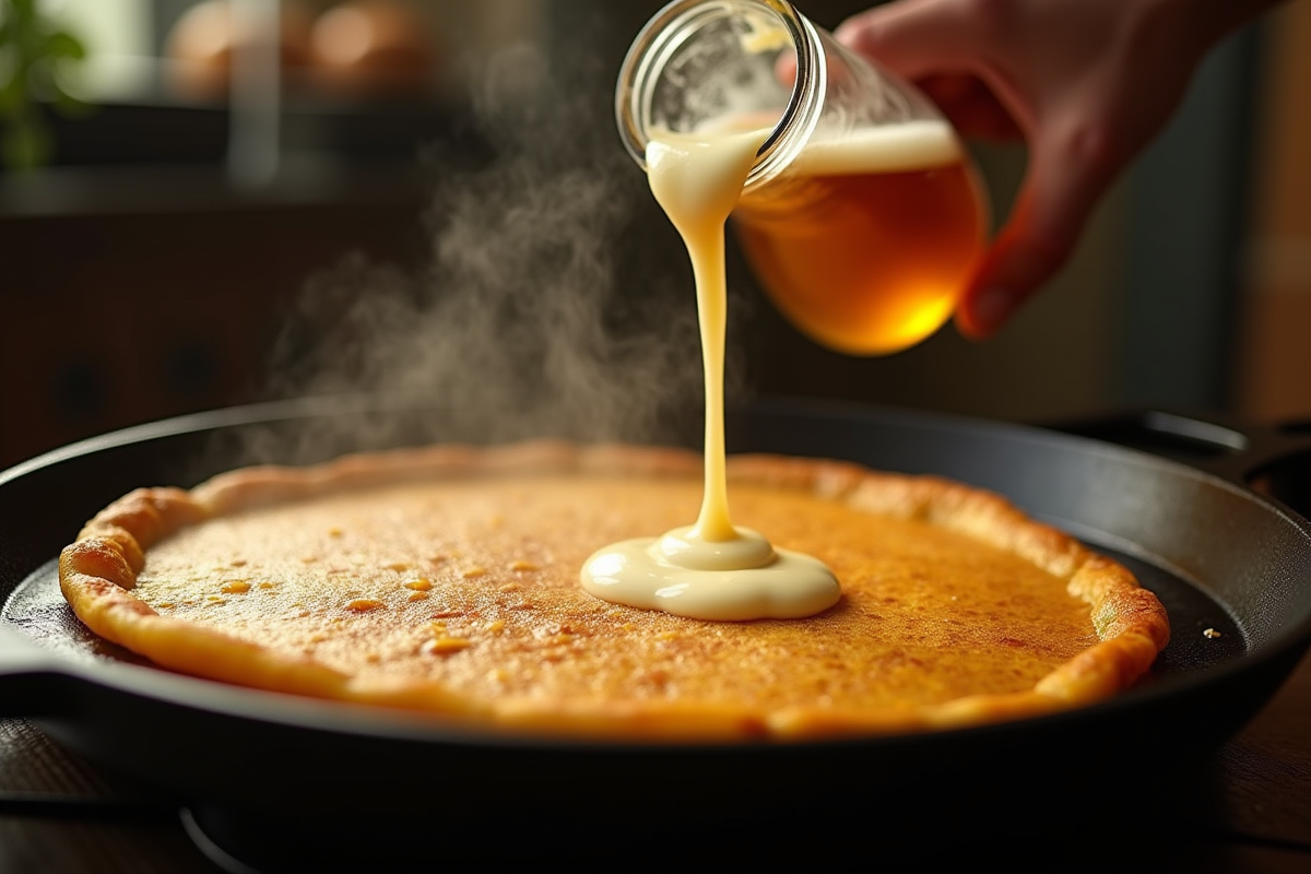 Crepe dorée en cuisson dans une poele en fonte avec versement de la bière en arrière-plan