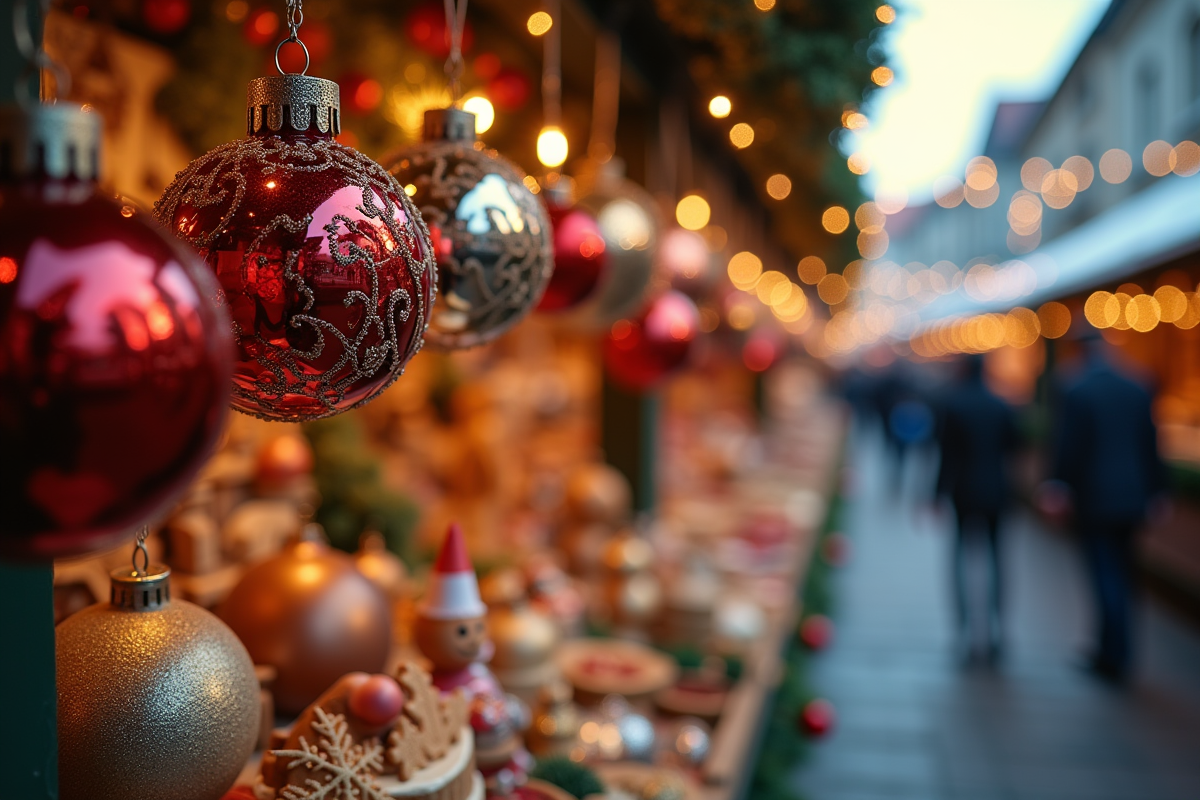 Décorations de Noël artisanales sur un stand à Strasbourg