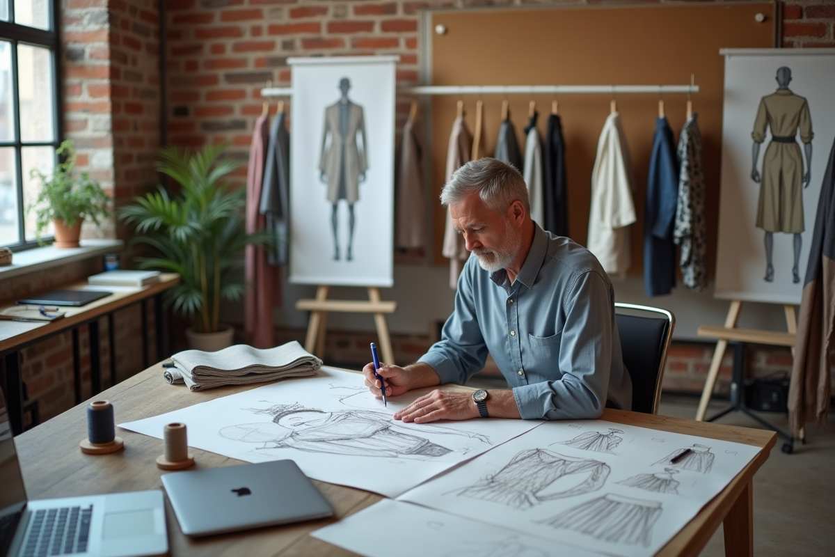 Designer homme esquissant des concepts de mode dans son atelier