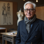 Designer mode homme en atelier avec tissus et croquis