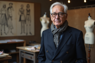 Designer mode homme en atelier avec tissus et croquis