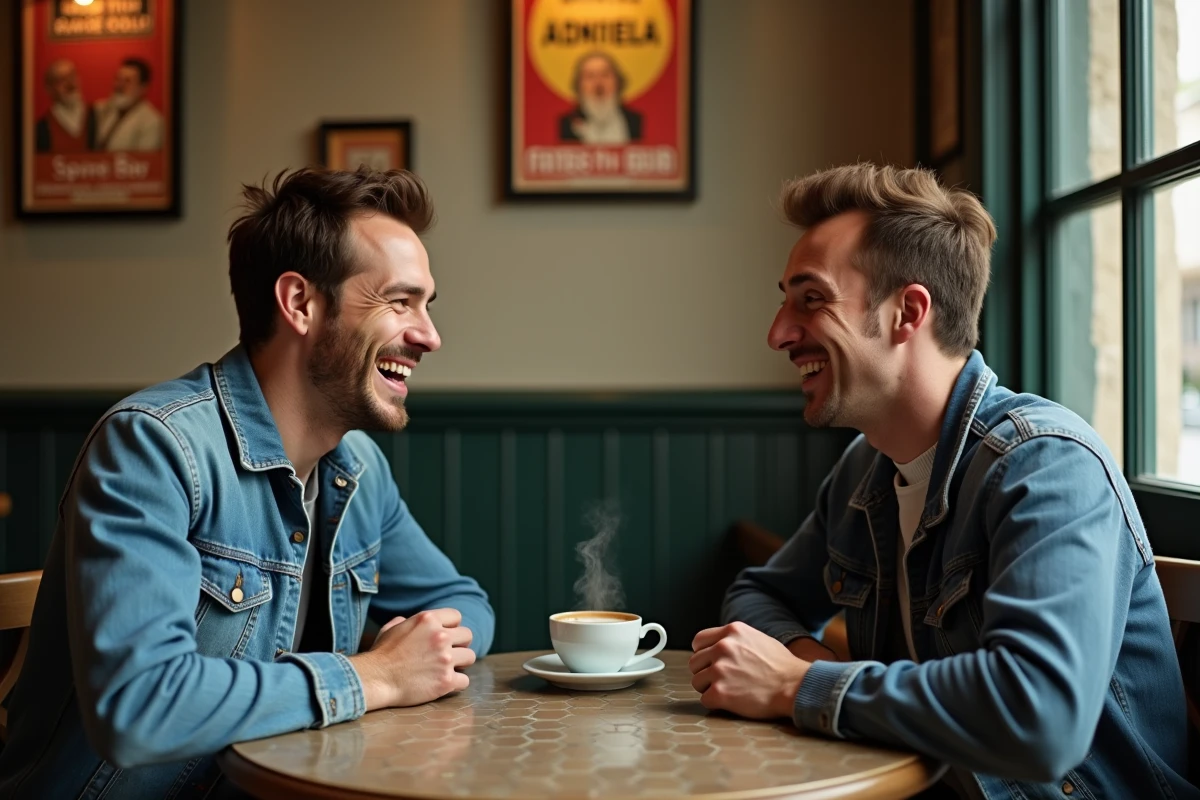Deux comiques français hommes attablés dans une brasserie parisienne, échange humoristique absurde entre les deux artistes