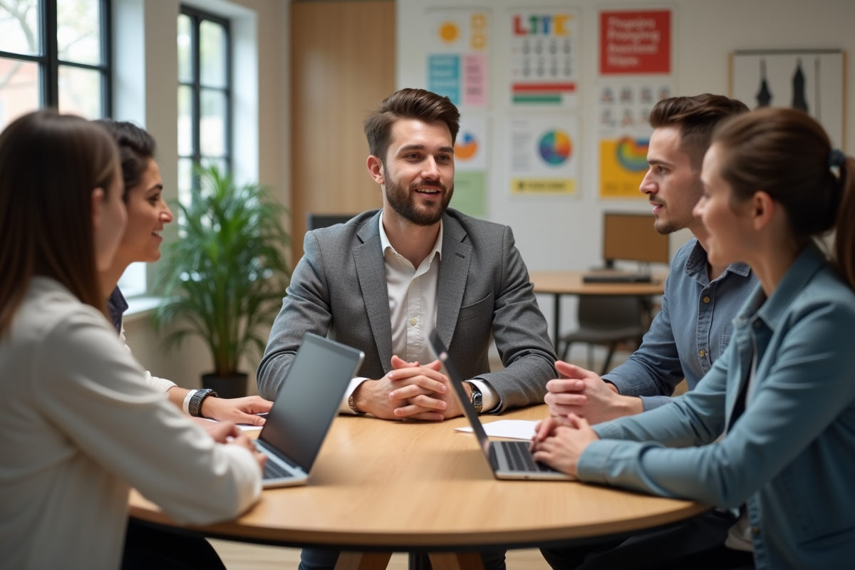 Jeune homme discutant avec collègues dans espace de coworking