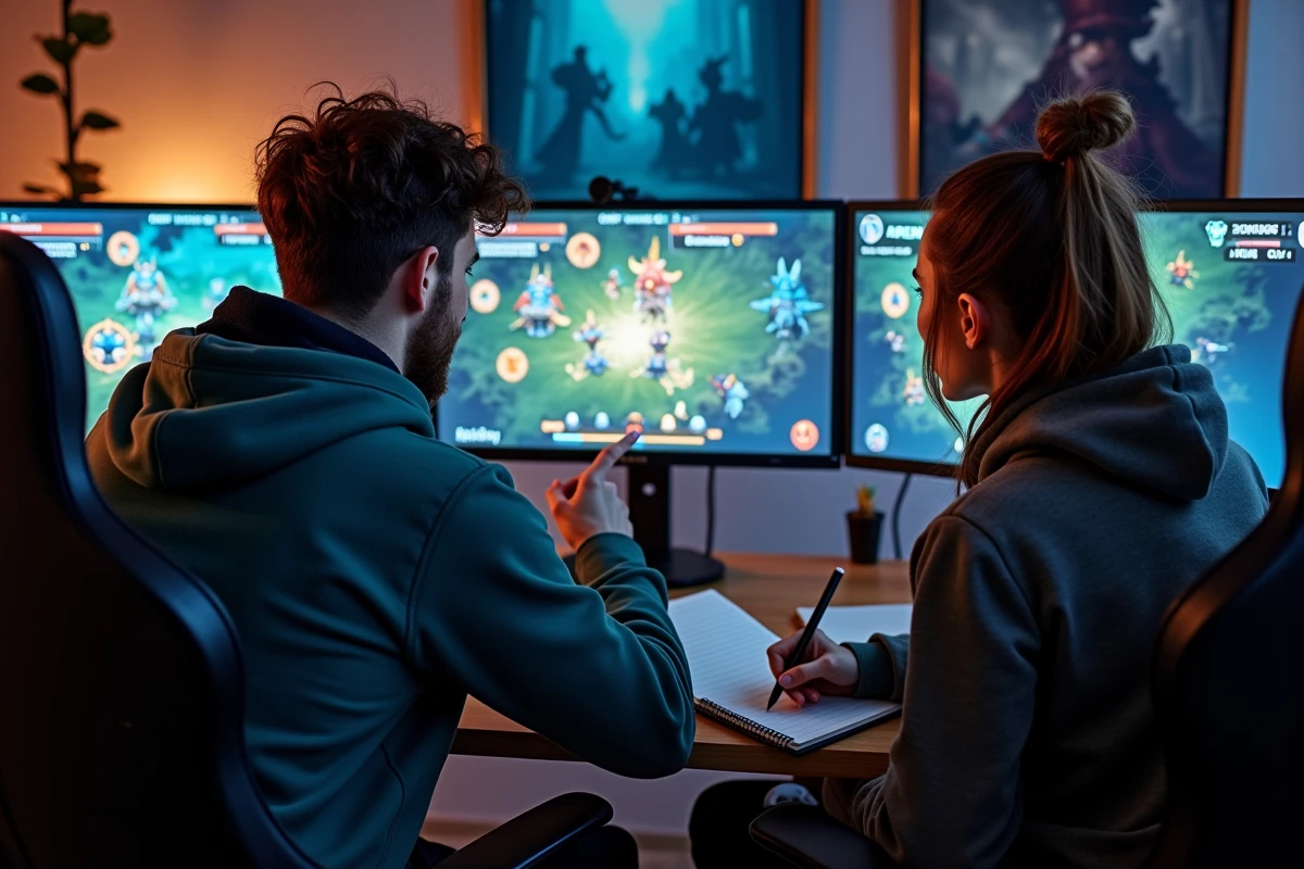 Deux joueurs adultes analysant ensemble une stratégie de combat sur un écran de jeu fantasy tactique dans une salle gaming dédiée