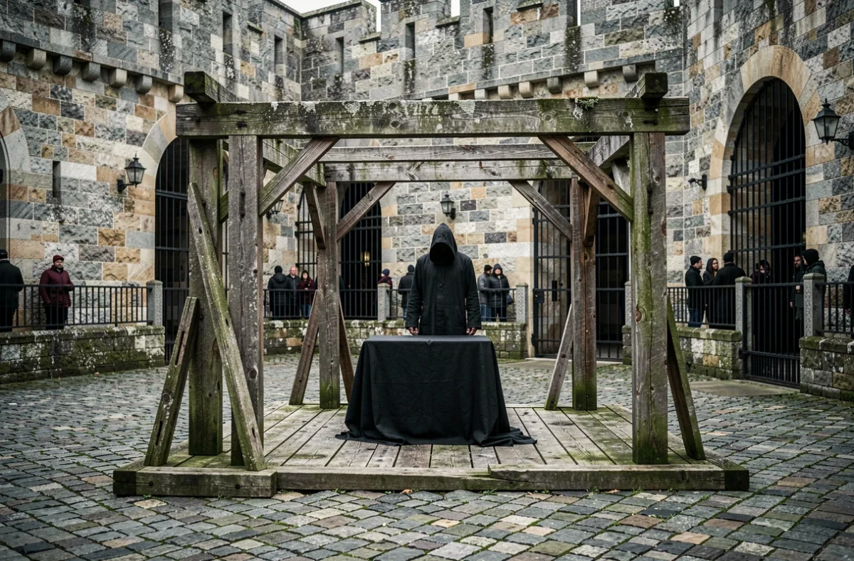 Échafaud d'exécution Tudor dans une cour de forteresse médiévale en pierre, atmosphère sombre évoquant les condamnations à mort sous Henri VIII
