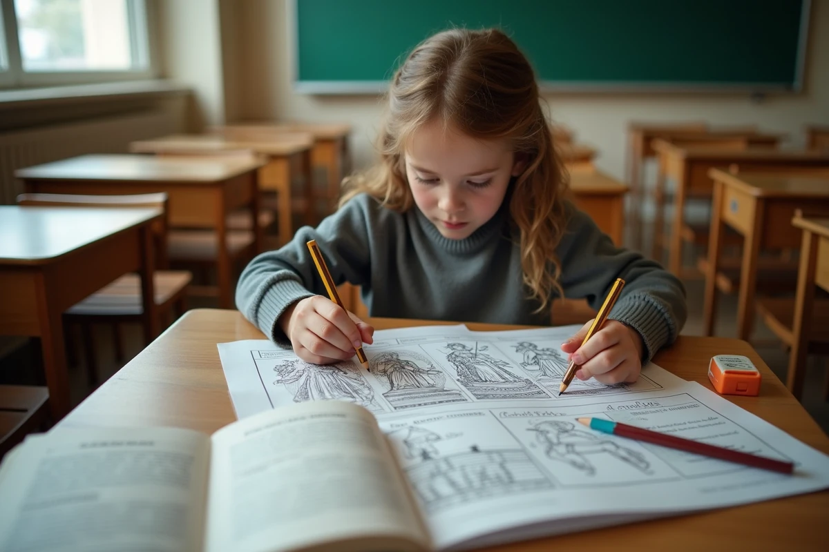 Élève de collège annotant une frise pédagogique des rois de France à son bureau avec des crayons de couleur