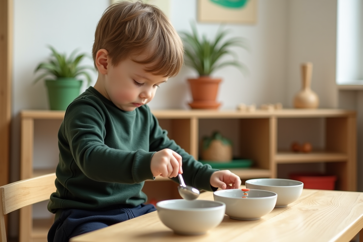 Jeune garçon de 3 ans manipulant des objets dans une classe Montessori moderne