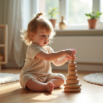 Petite fille de 2 ans jouant avec anneaux Montessori dans une salle lumineuse