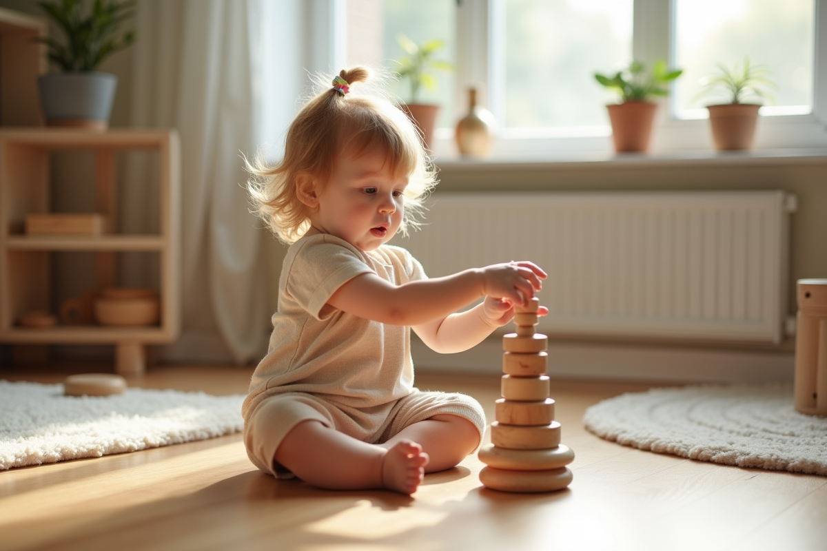 Petite fille de 2 ans jouant avec anneaux Montessori dans une salle lumineuse