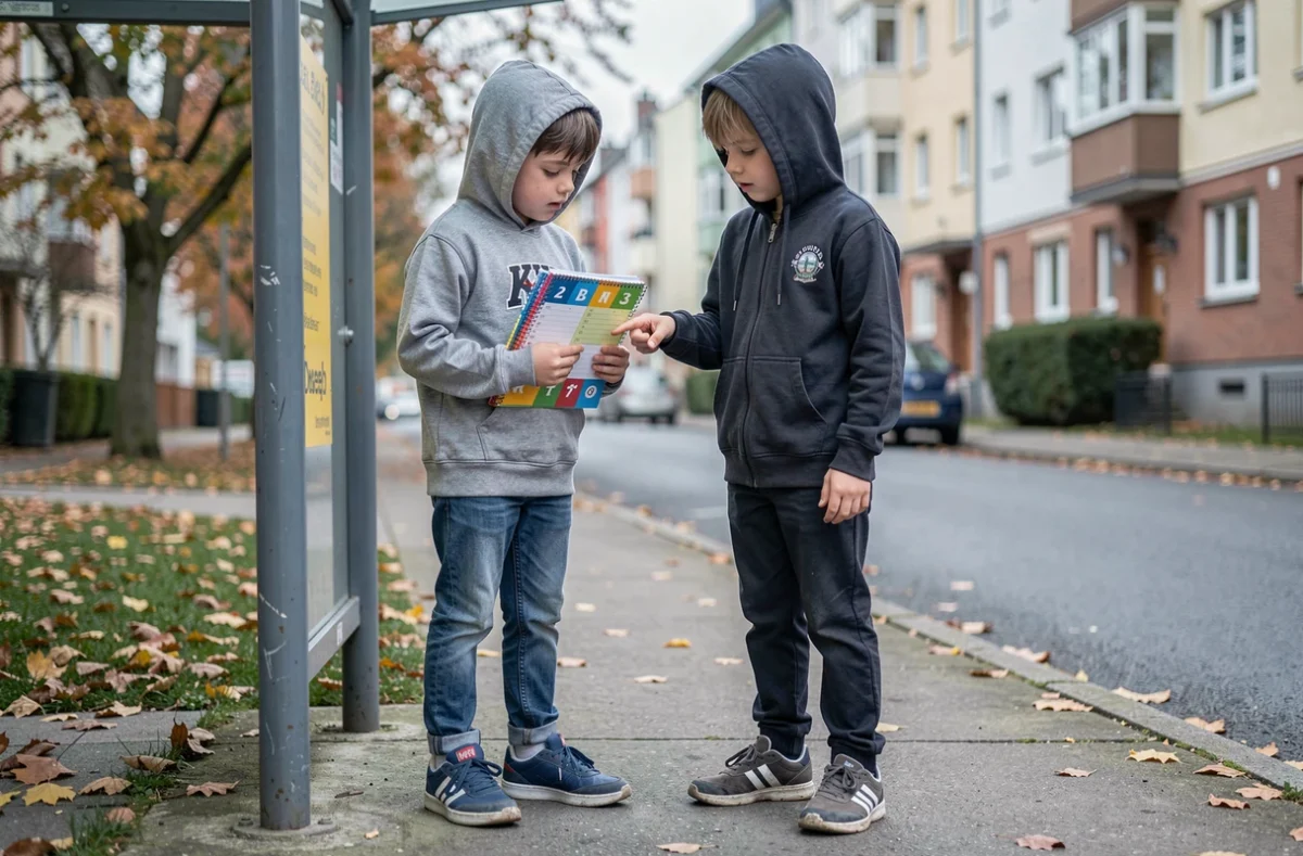 Deux enfants à l'arrêt de bus consultant un planning scolaire semaine paire
