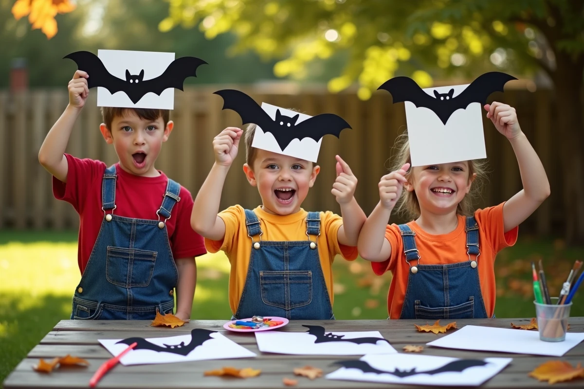 Enfants fiers montrant leurs dessins de chauves-souris Halloween dans le jardin
