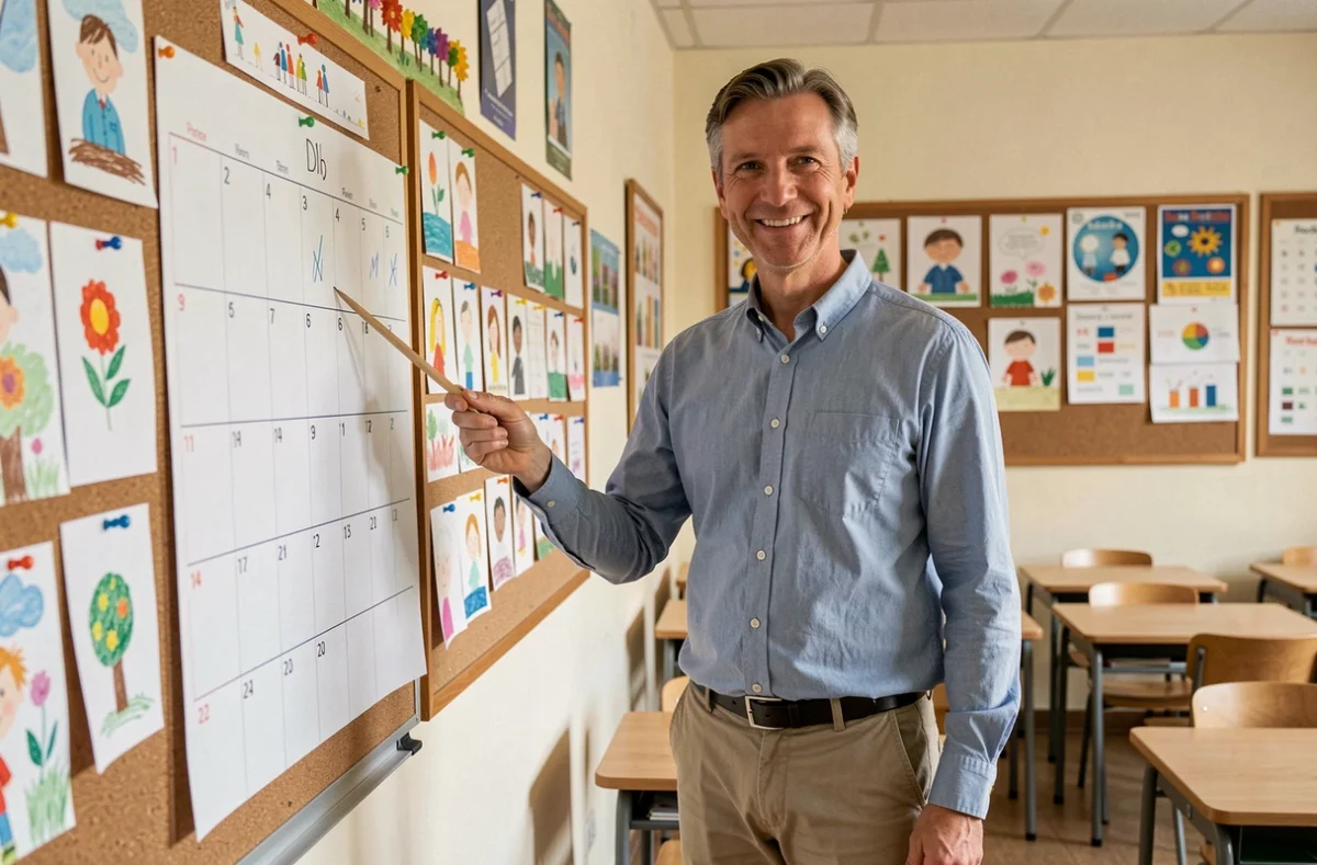 Enseignant pointant un calendrier scolaire semaines paires dans une salle de classe
