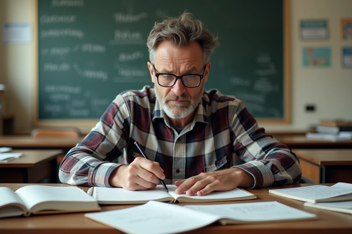 Professeur corrigeant une fiche d