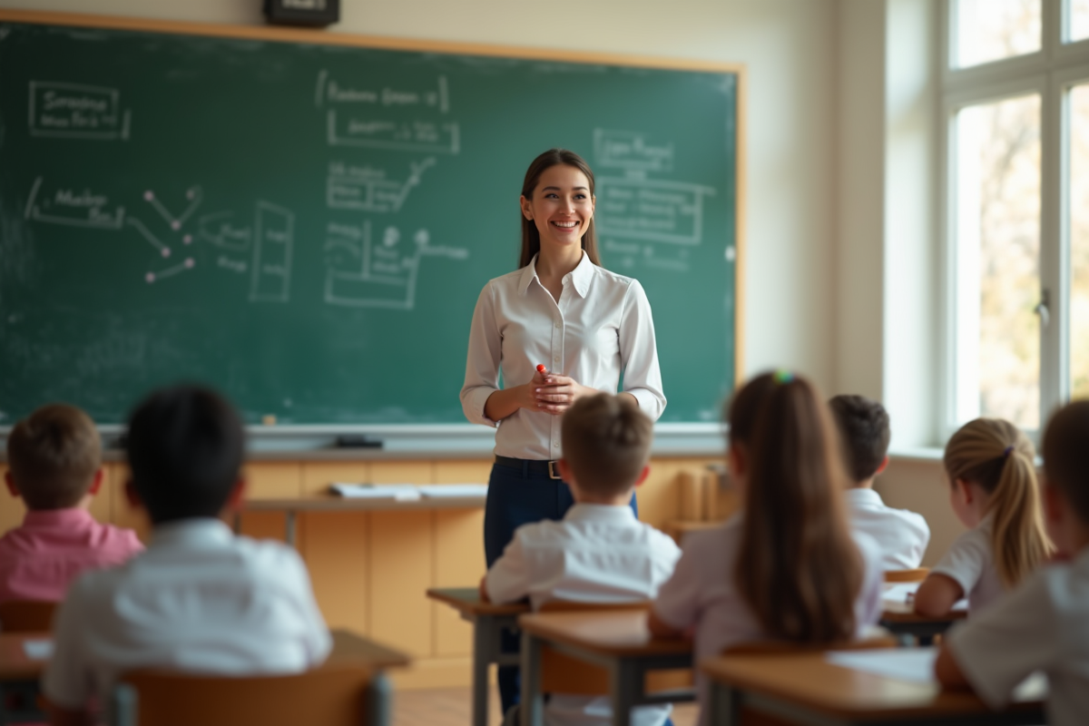 Enseignant confiant devant la classe en salle lumineuse