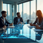 Equipe de professionnels collaborant autour d'une table digitale moderne