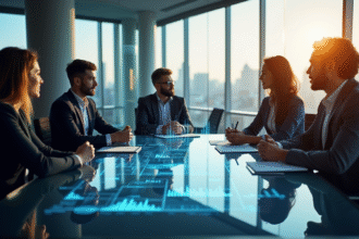 Equipe de professionnels collaborant autour d'une table digitale moderne
