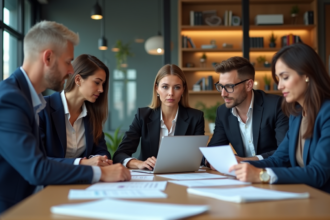 Groupe de professionnels en réunion dans un bureau moderne