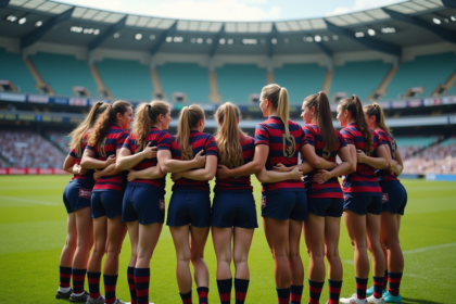 Groupe de joueurs de rugby jeunes adultes en équipe sur le terrain