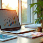 Espace de travail moderne avec graphique de revenus passifs et billets